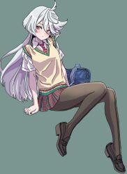  1girl absurdres ahoge bag black_footwear black_pantyhose blue_bag commentary_request full_body green_background grey_eyes gundam gundam_suisei_no_majo highres invisible_chair light_blush loafers long_bangs long_hair looking_at_viewer miniskirt miorine_rembran necktie pantyhose plaid plaid_skirt pleated_skirt red_necktie school_bag school_uniform shirt shoes simple_background sitting skirt solo striped_necktie sweater_vest swept_bangs very_long_hair white_hair white_shirt yamashita_shun&#039;ya yellow_sweater_vest 