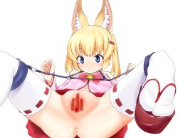 1girl absurdres animal_ears blonde_hair blue_eyes blush censored fox_ears highres kanikani3daa kemomimi_oukoku_kokuei_housou kneeling loli long_hair looking_at_another nekomasu_(kemomimi_vr_channel) pointless_censoring pussy simple_background solo spread_legs spread_pussy thighhighs virtual_youtuber