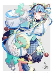  1girl blue_hair blush dated double_bun hair_bun hat highres holding holding_own_hair long_hair looking_at_viewer low_twintails mob_cap multicolored_hair nijisanji nijisanji_en orange_eyes puffy_dress puffy_sleeves rabbit_hat_ornament signature solo streaked_hair striped_clothes striped_thighhighs thighhighs tottiitottii twintails twisty_amanozako very_long_hair virtual_youtuber 