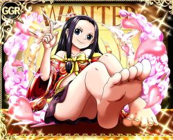  1girl aged_down black_hair boa_hancock feet female_focus foot_focus full_body loli looking_at_viewer one_piece one_piece_treasure_cruise perspective smile solo toes 