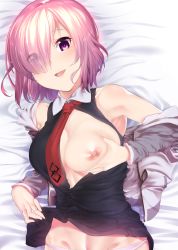 1girl bad_id bad_pixiv_id bare_shoulders blush breasts fate/grand_order fate_(series) gloves groin hair_over_one_eye highres hisayaki_kyuu large_breasts mash_kyrielight necktie nipples one_breast_out open_clothes open_shirt panties purple_eyes purple_gloves purple_hair shirt short_hair smile solo underwear vest vest_lift rating:Questionable score:21 user:danbooru