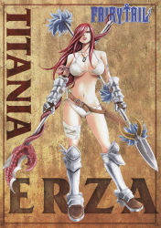 00s 1girl angry arm_ribbon armor bandages belt belt_skirt bikini boots breasts breasts_apart character_name clenched_teeth copyright_name dog_tags dual_wielding erza_scarlet fairy_tail framed fur_trim gauntlets gloves gradient_background greaves hair_over_one_eye high_heels highres holding horns huge_breasts jewelry large_breasts lips looking_at_viewer mashima_hiro navel necklace official_art panties polearm red_eyes red_hair ribbon scan sheath sheathed solo spear standing strap_gap swimsuit sword tattoo teeth tentacles underboob underwear weapon white_bikini wide_hips rating:Questionable score:87 user:danbooru