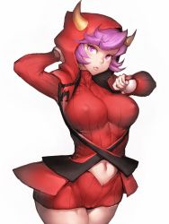 1girl arm_up breasts clothing_cutout courtney_(pokemon) courtney_(pokemon_oras) covered_erect_nipples creatures_(company) fumio_(rsqkr) game_freak hip_focus hood hoodie horns large_breasts lips looking_at_viewer navel navel_cutout nintendo parted_lips poke_ball pokemon pokemon_oras purple_eyes purple_hair ribbed_sweater simple_background solo sweater team_magma thighs white_background rating:Sensitive score:117 user:danbooru