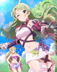  2girls ;) ahoge aqua_eyes armor artist_request bandeau blonde_hair blush company_connection cosplay costume_switch crop_top crossover gloves green_hair hands_on_own_hips idolmaster idolmaster_million_live! jpeg_artifacts lens_flare licking_lips long_hair looking_at_viewer midriff milla_maxwell milla_maxwell_(cosplay) miniskirt multiple_girls namco navel official_art one_eye_closed shimabara_elena shimabara_elena_(cosplay) skirt smile sword tales_of_(series) tales_of_xillia tongue tongue_out very_long_hair weapon wink wristband 