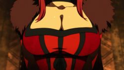 10s animated animated_gif bouncing_breasts breast_focus breasts choker cleavage close-up closed_mouth demon_girl dress female_focus fur_trim indoors large_breasts leaning_forward long_hair lowres maou_(maoyuu) maoyuu_maou_yuusha red_hair screencap smile solo rating:Sensitive score:98 user:Ynyswydryn