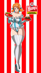 breasts cameltoe cleavage cosplay covered_erect_nipples food french_fries frills burger high_heels highres huge_breasts large_breasts nami one_piece shoes short_twintails tattoo thighhighs twintails vertical_stripes wendy&#039;s rating:Questionable score:41 user:danbooru