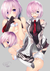 1girl ;d absurdres adjusting_clothes adjusting_panties alternate_legwear ass bare_shoulders bent_over between_breasts black_shirt black_skirt black_thighhighs blush bra bra_lift breasts cekonikova cleavage closed_mouth clothes_lift collarbone commentary_request cowboy_shot eyelashes eyes_visible_through_hair fang fate/grand_order fate_(series) frilled_bra frills from_side glasses grey_background hair_over_one_eye highres hood hood_down hoodie leaning_forward light_purple_hair looking_at_viewer mash_kyrielight medium_breasts mouth_hold necktie necktie_between_breasts nipples off_shoulder one_eye_closed open_clothes open_hoodie open_mouth panties panty_pull pink_hair pleated_skirt purple_eyes purple_hair red_necktie shiny_skin shirt shirt_lift short_hair signature skirt sleeveless sleeveless_shirt smile solo standing strap_slip thighhighs underwear wedgie white_bra white_panties rating:Questionable score:12 user:danbooru