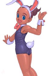  1girl animal_ears artist_request ass blush bow bowtie brown_hair dark-skinned_female dark_skin drill_hair female_focus flat_chest from_behind leotard loli looking_back rabbit_ears rabbit_tail smile solo swimsuit tagme tail thighs  rating:Questionable score:6 user:puffer_fish