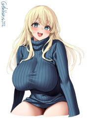  1girl atago_(kancolle) blonde_hair blue_eyes blue_sweater blush breasts covered_navel cropped_legs ebifurya highres huge_breasts kantai_collection long_sleeves looking_at_viewer no_pants one-hour_drawing_challenge open_mouth raised_eyebrows ribbed_sweater simple_background smile solo sweater teeth thighs tongue turtleneck turtleneck_sweater twitter_username upper_teeth_only white_background  rating:Sensitive score:43 user:danbooru