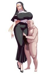  1girl blonde_hair breasts fat fat_man green_eyes height_difference highres large_breasts long_hair luis_frois_(oda_nobuna_no_yabou) nun oda_nobuna_no_yabou propellercube shotadom standing taller_female ugly_man 
