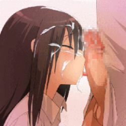  1boy 1girl after_fellatio animated animated_gif brown_hair censored closed_eyes cum cum_on_hair facial fellatio licking loli long_hair lowres open_mouth oral original penis simple_background solo tea_cup_(artist) testicles tongue 