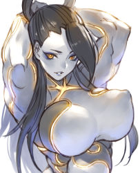  1girl absurdres armpits arms_behind_head arms_up biceps black_hair breasts covered_erect_nipples female_seth_(street_fighter) gougasha_akira hair_rings highres large_breasts looking_at_viewer metal_skin muscular muscular_female neon_trim parted_lips seth_(street_fighter) simple_background smile solo street_fighter street_fighter_v yellow_eyes  rating:Questionable score:77 user:danbooru