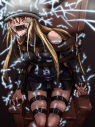 1girl blonde_hair blood blood_on_face electric_chair electricity electrocution execution guro konjiki_no_yami long_hair miniskirt open_mouth pain peril restrained skirt spitting spitting_blood strap teeth to_love-ru torture rating:Sensitive score:77 user:Yachatta