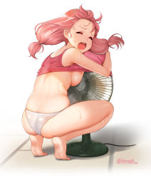 10s 1girl absurdres ass bang_dream! blush breasts closed_eyes clothes_lift dopamine70 electric_fan hand_fan highres hug large_breasts long_hair low_tied_hair no_bra open_mouth panties pink_hair shirt_lift sideboob solo squatting tank_top tatami teeth twitter_username uehara_himari underwear underwear_only upper_teeth_only wavy_hair white_panties rating:Questionable score:63 user:danbooru