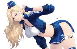  1girl adjusting_hair alternate_costume bent_over blonde_hair blue_eyes blue_gloves blue_headwear blue_jacket blue_skirt blue_thighhighs breasts cleavage closed_mouth cowboy_shot cropped_jacket cropped_shirt dated fingerless_gloves gloves hornet_(kancolle) jacket kantai_collection large_breasts long_hair looking_at_viewer midriff odachu race_queen shirt side_slit signature skirt smile solo thigh_strap thighhighs white_background white_shirt  rating:Sensitive score:23 user:danbooru