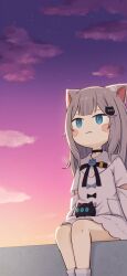  1girl :3 animal_ears arms_at_sides asiva_(asivainu) black_choker black_ribbon blue_eyes blush_stickers cat_ears cat_girl cat_hair_ornament choker closed_mouth cloud commentary_request evening feet_out_of_frame grey_hair hair_ornament highres indie_virtual_youtuber legs_together long_bangs long_hair long_sleeves looking_ahead miniskirt nachoneko neck_ribbon night night_sky outdoors ribbon shirt sidelocks skirt sky smile socks solo star_(sky) virtual_youtuber white_shirt white_skirt white_socks 