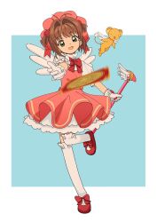  1girl absurdres brown_hair cardcaptor_sakura clow_card dress full_body fuuin_no_tsue gloves green_eyes hat highres holding holding_wand kero_(cardcaptor_sakura) kinomoto_sakura looking_at_viewer magical_girl open_mouth pink_dress pink_hat ri-el short_hair smile solo standing standing_on_one_leg thighhighs wand white_gloves white_thighhighs wings 
