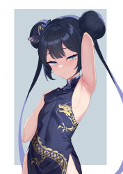  1girl absurdres arm_up armpits bare_arms black_dress black_gloves black_hair blue_archive braid braided_bun butterfly_hair_ornament china_dress chinese_clothes closed_mouth covered_navel double_bun dragon_print dress flat_chest gloves grey_eyes hair_bun hair_ornament highres kisaki_(blue_archive) long_hair looking_at_viewer presenting_armpit print_dress simple_background sleeveless sleeveless_dress solo standing tai_mian_meng_meng twintails  rating:Sensitive score:31 user:danbooru