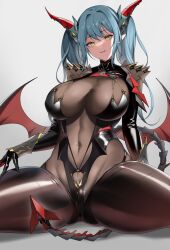  1girl absurdres aqua_hair azur_lane bodystocking bodysuit breasts covered_navel dragon_girl dragon_horns full_body highres horns huge_breasts leotard long_hair looking_at_viewer mechanical_horns mechanical_tail non-humanoid_robot oxygen_mask_(oxygenmask233) regensburg_(azur_lane) robot solo tail thick_thighs thighs twintails wings yellow_eyes  rating:Sensitive score:52 user:danbooru