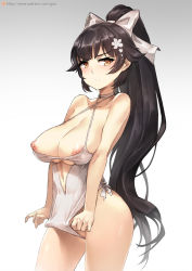 1girl azur_lane bare_shoulders black_hair bow breasts brown_eyes center_opening choker cleavage closed_mouth clothes_lift contrapposto cowboy_shot criss-cross_halter flower frontal_wedgie gao_(gaolukchup) gradient_background hair_bow hair_flower hair_ornament halterneck high_ponytail large_breasts long_hair navel nipple_slip nipples one-piece_swimsuit patreon_username ponytail pussy pussy_peek sagging_breasts simple_background solo standing swimsuit swimsuit_lift takao_(azur_lane) takao_(beach_rhapsody)_(azur_lane) very_long_hair watermark web_address wedgie white_one-piece_swimsuit rating:Explicit score:98 user:danbooru