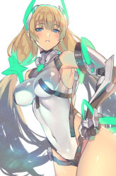 1girl angela_balzac armor armpits bare_shoulders black_gloves blonde_hair blue_eyes blurry blush bodysuit breasts covered_navel depth_of_field elbow_gloves eyebrows from_side gloves glowing groin half-closed_eyes halterneck hand_on_own_hip headgear highleg highleg_leotard impossible_clothes impossible_leotard large_breasts leotard long_hair looking_at_viewer low_twintails neon_trim parted_lips pilot_suit rakuen_tsuihou simple_background solo standing thighs turtleneck twintails very_long_hair white_background white_leotard yoshimoto_(dear_life) rating:Sensitive score:15 user:danbooru