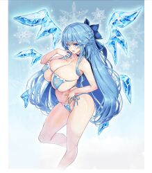  1girl aged_up alternate_breast_size alternate_hair_length alternate_hairstyle ass bikini blue_bow blue_eyes blue_hair bow breasts bursting_breasts cirno cirno-nee cleavage covered_erect_nipples cropped_legs curvy hair_bow hair_intakes hand_on_own_hip highres huge_breasts ice ice_wings kiyama_satoshi long_hair micro_bikini navel open_mouth side-tie_bikini_bottom sidelocks skindentation solo standing swimsuit thick_thighs thighs touhou tsurime underboob white_background wide_hips wings 