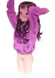  1girl arms_up blush bottomless breasts cleft_of_venus female_focus flat_chest highres hood hoodie loli long_hair my_little_pony original purple_eyes purple_hoodie pussy sleeves_past_wrists small_breasts solo uncensored wysteriary  rating:Explicit score:345 user:lord_muffington