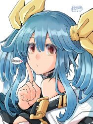  1girl bare_shoulders belt blue_hair breasts dated detached_collar detached_sleeves dizzy_(guilty_gear) guilty_gear guilty_gear_xrd hair_between_eyes hair_ribbon hair_rings heart highres index_finger_raised large_breasts looking_at_viewer mariebell red_eyes ribbon signature solo spoken_heart twintails upper_body yellow_ribbon  rating:Sensitive score:5 user:Butz05