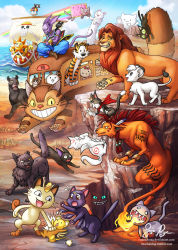 ._. ^_^ alice_in_wonderland animal animal_focus animal_on_head animal_on_shoulder azumanga_daiou bagheera beerus bishoujo_senshi_sailor_moon black_eyes blue_eyes blue_pants blue_sky bongo_cat brown_footwear calvin_&amp;_hobbes cardcaptor_sakura cat cat_on_head cat_on_shoulder cheshire_cat_(alice_in_wonderland) claws closed_eyes cloud cloudy_sky colored_skin commentary_request creature creatures_(company) crescent crossed_arms crossed_legs crossover crown day disney dragon_ball evil_grin evil_smile eye_contact fangs final_fantasy final_fantasy_vii frown game_freak gen_1_pokemon grin grumpy_cat hello_kitty hello_kitty_(character) highres hobbes_(calvin_&amp;_hobbes) jiji_(majo_no_takkyuubin) jungle_taitei kabegami kamineko kero_(cardcaptor_sakura) leo_(jungle_taitei) lion longcat_(meme) looking_at_another looking_at_viewer luna_(sailor_moon) majo_no_takkyuubin meme meowth multiple_crossover muscular nekobus nintendo no_humans nyan_cat on_head one_piece ookami_(game) outdoors pants pokemon pokemon_(creature) purple_skin rainbow red_xiii risachantag running sanrio scar shoes signature simba sitting sky smile standing tama_(dragon_ball) the_jungle_book the_lion_king thousand_sunny tiger tonari_no_totoro too_many too_many_cats trait_connection watermark web_address yellow_eyes