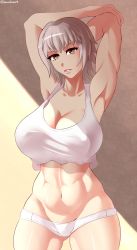  10s 1girl absurdres arms_behind_head arms_up artist_request breasts brown_eyes cleavage cowboy_shot head_tilt highres killing_bites large_breasts looking_at_viewer muscular muscular_female panties solo sowilo underwear uzaki_hitomi white_hair  rating:Sensitive score:86 user:bryanlg