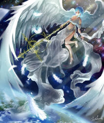  1girl absurdres angel_wings blue_hair bra braid breasts cleavage dress earth_(planet) feathers frown high_heels highres holding holding_polearm holding_weapon large_breasts large_wings light_rays mermaid_dress moira_(nijisanji) mole mole_under_mouth nijisanji parted_bangs planet polearm short_hair sidelocks signature sky solo space spear star_(sky) starry_sky underwear virtual_youtuber weapon wings yellow_eyes yurakusai 