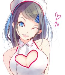1girl ;d bare_shoulders blue_eyes bow breasts character_request cleavage cleavage_cutout clothing_cutout grey_hair hair_bow hat head_tilt heart_cutout highres large_breasts long_hair looking_at_viewer medium_breasts one_eye_closed open_mouth simple_background sleeveless smile solo striped upper_body white_background white_hat rating:Sensitive score:8 user:danbooru
