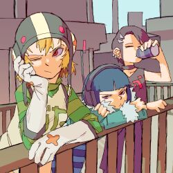  3girls absurdres arm_support bis_(jsr) black_choker black_hair blonde_hair blue_hair can choker cityscape closed_eyes coat cube_(jsr) day drinking ear_piercing elbow_gloves fence fur-trimmed_coat fur_trim gloves gum_(jsr) headset helmet highres holding holding_can jet_set_radio leaning_on_object looking_at_viewer multiple_girls one_eye_closed outdoors pantsu-ripper piercing red_eyes short_hair white_gloves 