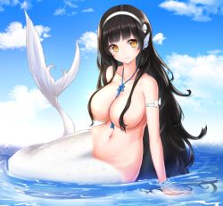  1girl arm_strap black_hair blue_sky bow breasts closed_mouth cloud collarbone completely_nude day fins full_body girls&#039;_frontline gukukimu hair_censor hairband head_fins head_tilt highres large_breasts long_hair looking_at_viewer mermaid monster_girl monsterification navel nude outdoors partially_submerged shell shell_hair_ornament sitting sky smile solo type_95_(girls&#039;_frontline) very_long_hair white_bow white_hairband yellow_eyes  rating:Questionable score:22 user:danbooru