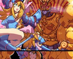  1boy 1girl :d armor ass bad_id bad_pixiv_id blonde_hair blue_leotard blush_stickers breasts commentary covered_erect_nipples dark_magician_girl english_commentary exodia_the_forbidden_one gauntlets greaves happening18 heart helmet leotard long_hair looking_at_another magical_girl open_mouth smile staff teeth very_long_hair wide_hips yu-gi-oh!  rating:Questionable score:40 user:danbooru
