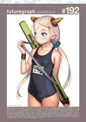  1girl black_one-piece_swimsuit black_school_swimsuit blue_eyes blue_one-piece_swimsuit bracelet check_copyright cop_craft:_dragnet_mirage_reloaded copyright_request cowboy_shot futuregraph grey_hair highres jewelry long_hair murata_range name_tag old_school_swimsuit one-piece_swimsuit original school_swimsuit simple_background solo source_request swimsuit tilarna_exedilika twintails white_background  rating:Sensitive score:19 user:lhixl90