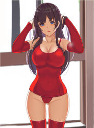 1girl alternate_color_school_swimsuit arms_behind_head arms_up bad_id bad_pixiv_id blue_eyes blunt_bangs blurry blurry_background breasts brown_eyes cleavage collarbone commentary_request covered_navel cowboy_shot day detached_sleeves gluteal_fold gongba_laoge hands_in_hair head_tilt highres indoors large_breasts legs_apart leotard long_hair looking_at_viewer one-piece_swimsuit open_mouth original purple_hair red_leotard red_one-piece_swimsuit red_thighhighs school_swimsuit solo standing swimsuit thighhighs rating:Questionable score:28 user:danbooru