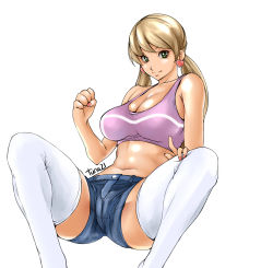  &gt;:) 1girl absurdres artist_name bad_id bad_pixiv_id bare_arms bare_shoulders blonde_hair breasts cameltoe cleavage closed_mouth collarbone earrings green_eyes gundam gundam_tekketsu_no_orphans heart heart_earrings highres jewelry lafter_frankland large_breasts looking_at_viewer low_twintails nail_polish navel shorts smile solo sports_bra spread_legs stomach thighhighs tuna21 twintails v-shaped_eyebrows white_thighhighs 