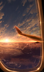  absurdres aircraft airplane airplane_wing city city_lights cloud cloudy_sky commentary_request highres hkcutie horizon lens_flare no_humans ocean original scenery signature sky sunset window wings 