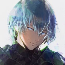  1boy armor black_armor blue_eyes blue_hair byleth_(fire_emblem) byleth_(male)_(fire_emblem) closed_mouth commentary_request fire_emblem fire_emblem:_three_houses hair_between_eyes highres lips looking_to_the_side male_focus nintendo sadakadeha_nai short_hair simple_background smile solo upper_body white_background 