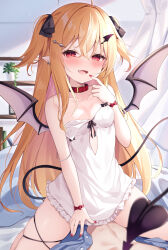  1boy 1girl bare_shoulders blonde_hair blush breasts collar collarbone commentary_request demon_girl demon_tail demon_wings dress ear_piercing fang finger_to_mouth frilled_dress frills girl_on_top hair_ornament hetero highres indoors long_hair looking_at_viewer miy@ open_mouth original piercing pointy_ears red_collar red_eyes red_nails skindentation small_breasts smile solo_focus straddling strap_slip tail thighs two_side_up white_dress wings 