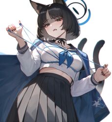  1girl animal_ears black_choker black_eyes black_hair black_nails black_sailor_collar blue_archive blue_halo blue_neckerchief blue_string breasts cat_ears cat_tail choker commentary halo haori highres japanese_clothes kikyou_(blue_archive) kimono_on_shoulders long_sleeves looking_at_viewer medium_breasts mellow_(srpp4843) multiple_tails neckerchief ribbon_choker sailor_collar school_uniform serafuku short_hair simple_background skirt solo tail two_tails white_background 