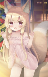  1girl ahoge animal_ear_fluff animal_ears arms_up babydoll blonde_hair blush christmas christmas_tree fang female_focus fox_ears fox_girl fox_tail gluteal_fold groin highres indoors loli long_hair navel open_mouth original panties panties_under_pantyhose pantyhose pink_babydoll pink_eyes psyche3313 see-through solo tail thighband_pantyhose thighs underwear white_panties white_pantyhose window  rating:Questionable score:90 user:danbooru