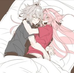  2boys astolfo_(fate) bed black_shirt blouse blush closed_eyes drooling fang fate/apocrypha fate_(series) grey_hair grey_shirt hair_over_eyes haoro hug long_hair male_focus messy_hair multiple_boys pillow pink_hair red_shirt shirt short_hair sieg_(fate) sketch sleeping smile t-shirt trap under_covers yaoi  rating:Sensitive score:124 user:AstroKite00