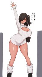  1girl :d arm_up blush breasts brown_hair cleavage cleavage_cutout clothing_cutout curvy dark-skinned_female dark_skin goddess_of_victory:_nikke hair_ornament hair_over_one_eye heart huge_breasts leaning_forward long_hair looking_at_viewer meme_attire naga_(nikke) open-chest_sweater open_mouth orange_eyes ribbed_sweater skindentation smile solo sweat sweater thick_thighs thighs tkool_man turtleneck turtleneck_sweater white_sweater 