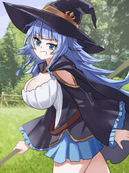  1girl absurdres belt black_robe blue_eyes blue_hair blue_skirt blurry blurry_background breasts charlotte_wraith dress from_side hat highres hiyamastar holding holding_staff huge_breasts large_hat long_hair looking_at_viewer mage_staff open_mouth robe sideboob skirt smile solo staff teeth tensei_kizoku_kantei_skill_de_nariagaru very_long_hair white_dress wide_sleeves witch_hat 