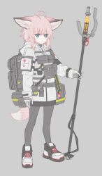  1girl absurdres adapted_costume ahoge animal_ears arknights armband backpack bag black_armband black_choker black_pantyhose black_skirt blue_eyes chest_rig chinese_commentary choker closed_mouth coat commentary_request cross ears_down empty_eyes expressionless fox_ears fox_girl fox_tail full_body grey_background grey_jacket highres holding holding_staff hood hood_down hooded_jacket jacket long_sleeves looking_ahead lurenjia pantyhose pencil_skirt pink_hair pouch red_cross shoes skirt sneakers solo staff sussurro_(arknights) tactical_clothes tail two-tone_gloves white_coat  rating:General score:5 user:danbooru
