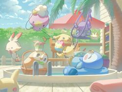  &gt;_&lt; basket closed_eyes cloud commentary_request cotton_candy creatures_(company) day doughnut drifloon eating espurr food game_freak gen_1_pokemon gen_2_pokemon gen_4_pokemon gen_6_pokemon gen_7_pokemon gen_8_pokemon head_tilt highres holding ice_cream ice_cream_cone innertube milcery mokukitusui nintendo no_humans outdoors pichu pikachu piplup pokemon pokemon_(creature) pool pool_ladder rowlet scorbunny sky swim_ring table 