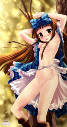  1girl arm_warmers armpits arms_up artist_name bare_arms blue_dress blush boots bow brown_eyes brown_hair cleft_of_venus dress female_focus flat_chest hair_bow highres leaning_back loli looking_at_viewer namamo_nanase navel nipples no_panties open_clothes open_dress open_mouth pussy solo star_sapphire touhou tree uncensored watermark web_address  rating:Explicit score:73 user:danbooru