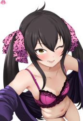  1girl ;d absurdres black_hair blush bra breasts collarbone embroidered_bra embroidered_panties highres idolmaster idolmaster_cinderella_girls jacket lingerie long_hair looking_at_viewer matoba_risa mrhunking navel one_eye_closed open_mouth panties pink_bra pink_panties purple_jacket simple_background small_breasts smile solo stomach twintails underwear very_long_hair white_background 